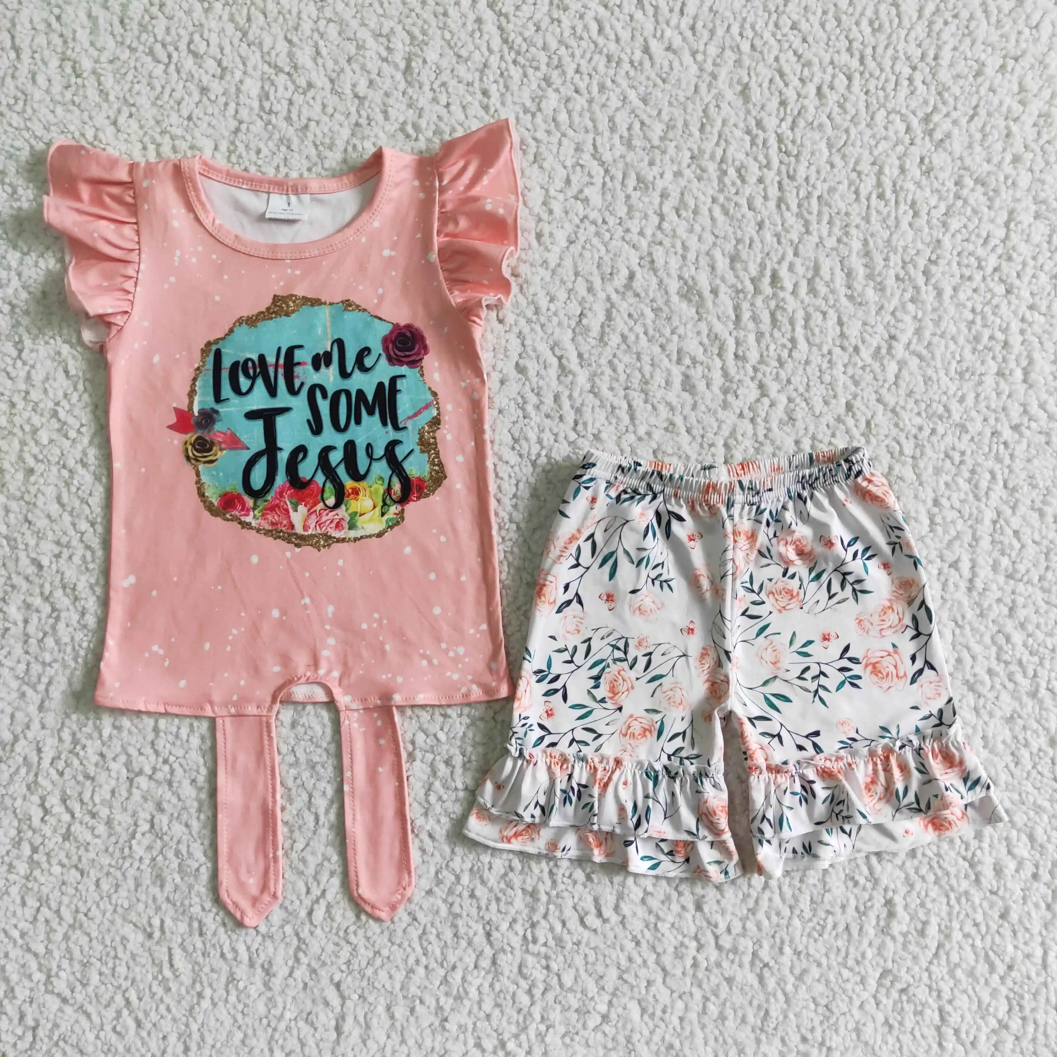 

children clothes flutter sleeve top and floral ruffle shorts girl fashion clothing set kids two piece summer clothing set