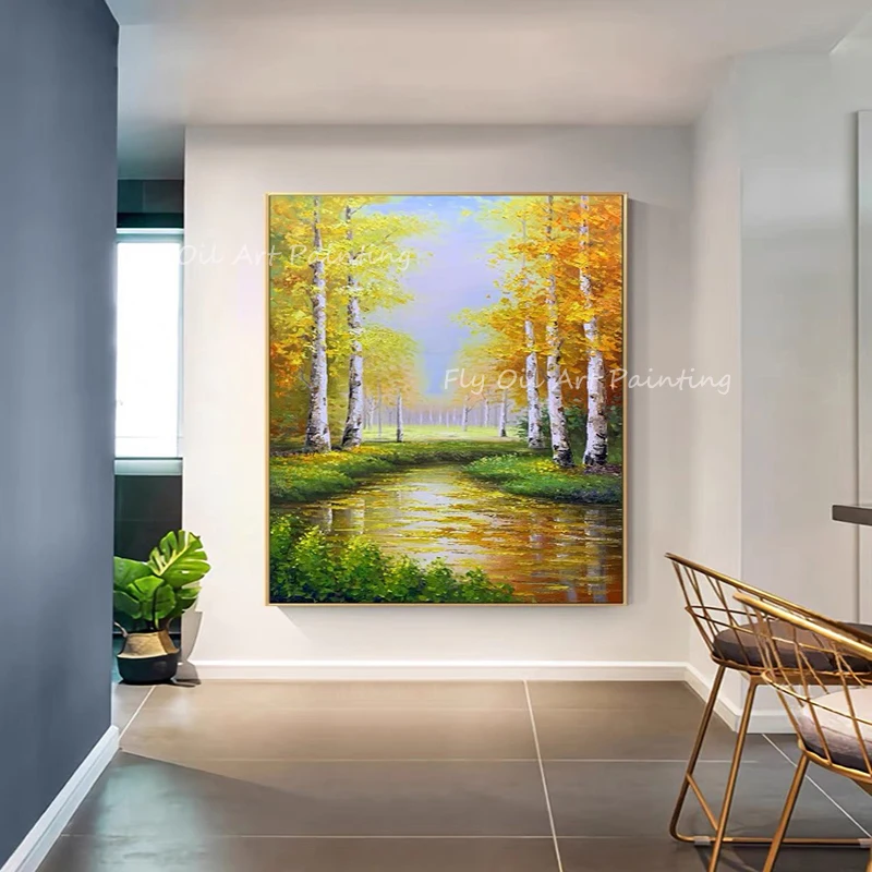 

100% Handmade forest tree yellow large size picture scenery art wholesale product oil painting for home decoration as a gift