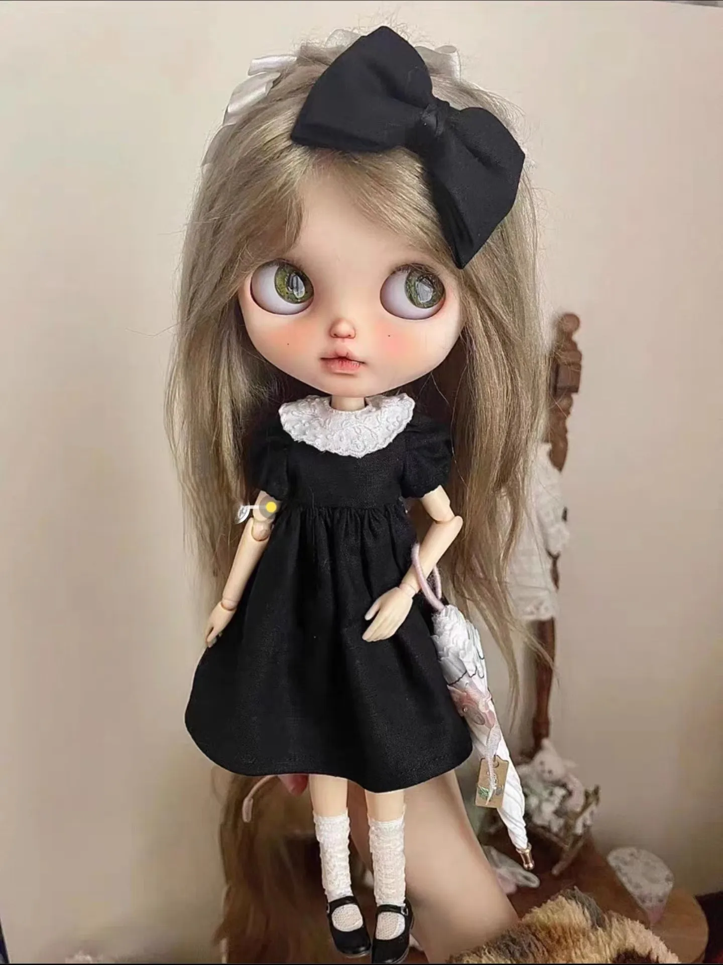 Черное платье Blythe 4 шт. + вышитый воротник повязка на голову с бантом аксессуар