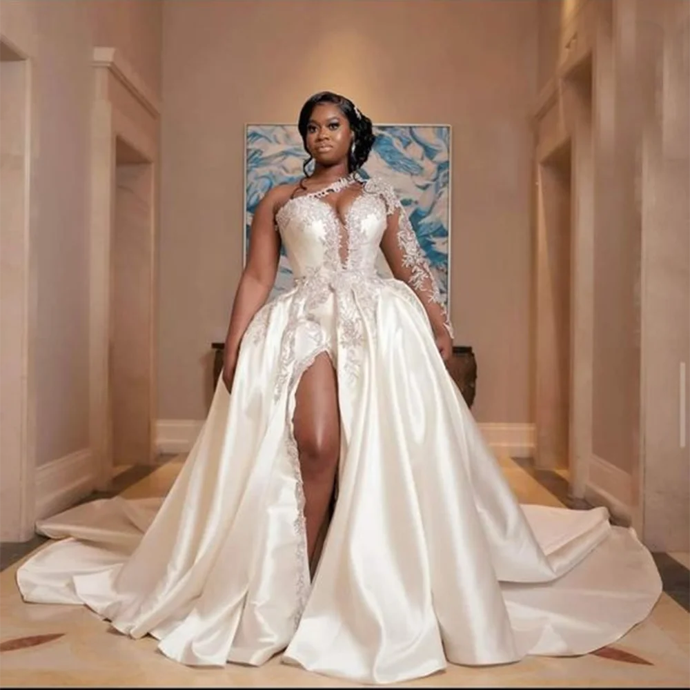Dubai Africa Princess Wedding Dresses Full Sleeves White Appliques Mermaid Bridal One Shoulder Bridal Gown With Detachable Train