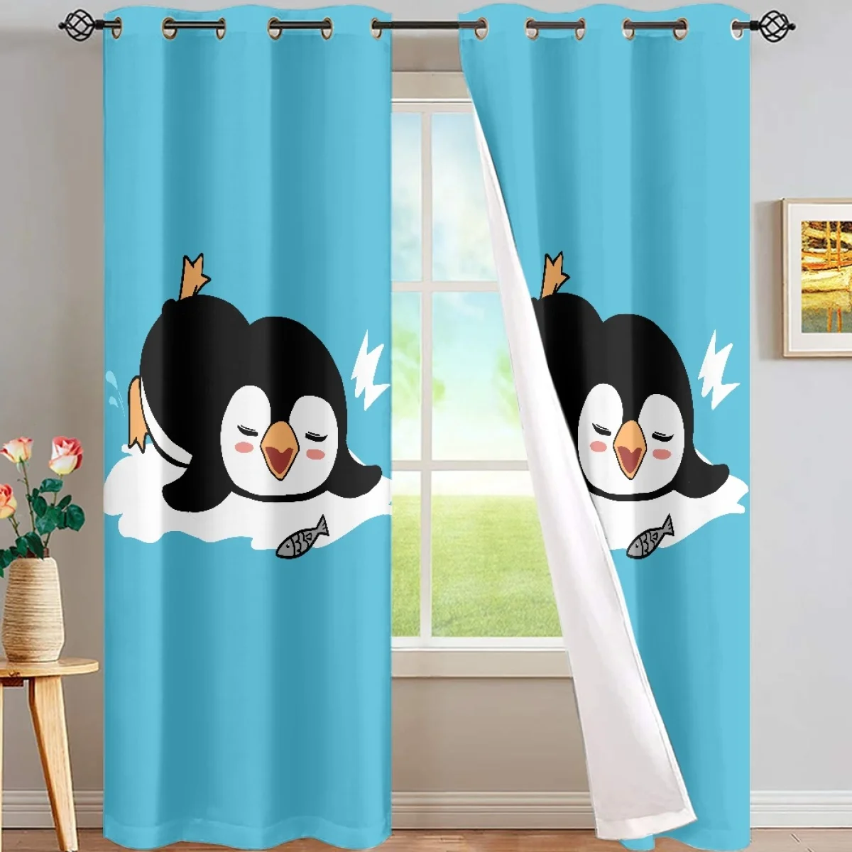 

High Quality Polyester Fabric Penguin Curtains Hand Fully Shaded For Boy Girl Bathroom Bedroom Living Room Cartoon Decor Drapes