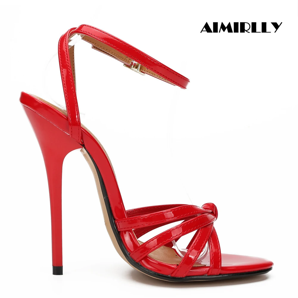 

Elegant Women's Sandals Peep Toe High Heels Shoes Strappy Ladies Wedding Evening Party Footwear Patent in Black Red Beige