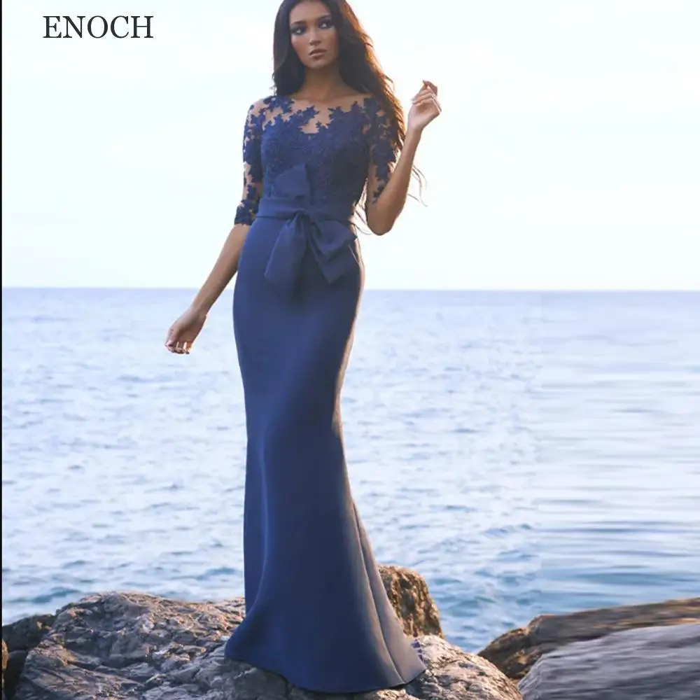 

ENOCH Elegant O-Neck Mermaid Evening Dresses 1/2 Sleeves Lace Appliques Formal Gowns Illusion Back Vestidos De Gala Satin 2023