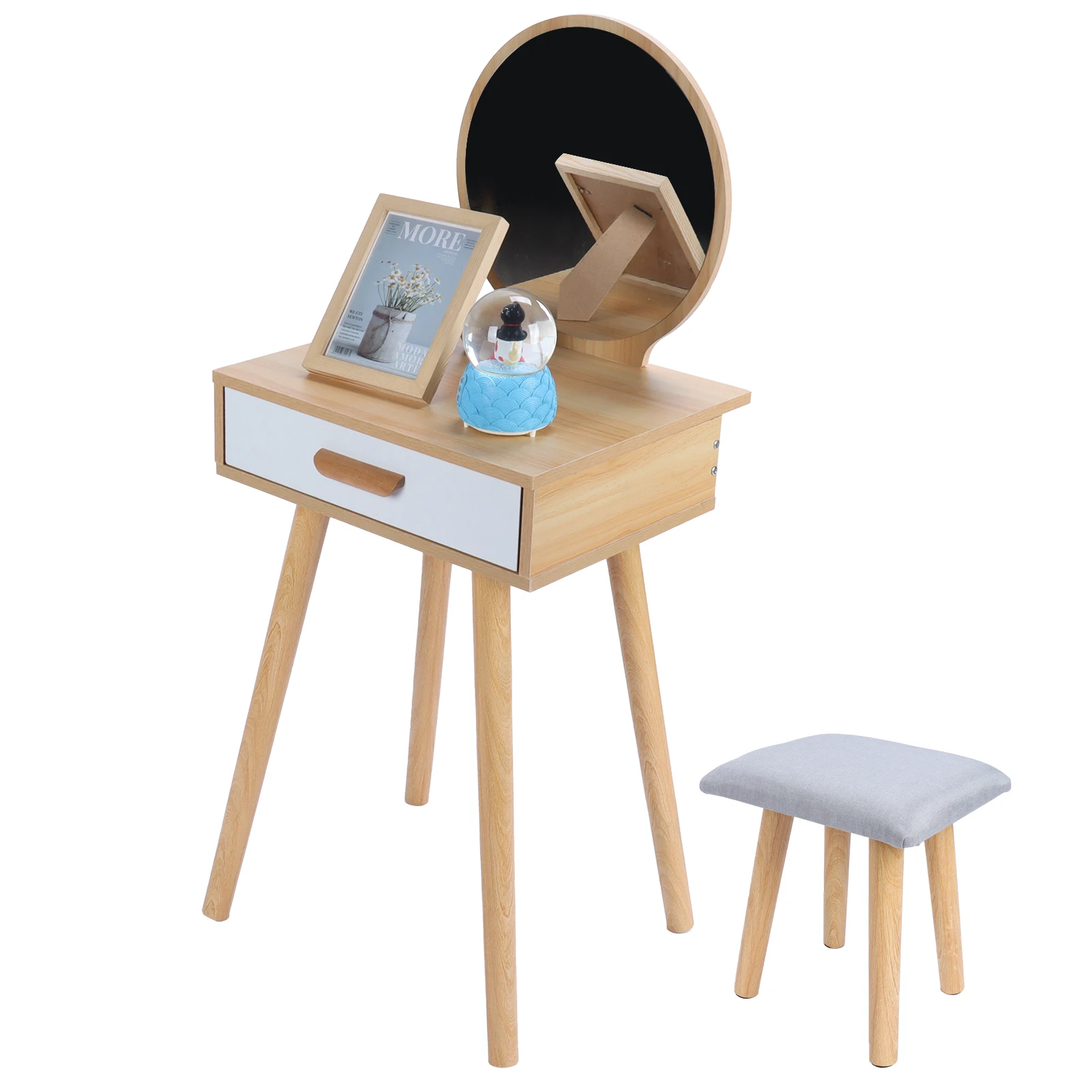 

Dressing Table Wooden Vanity Table Set with Large Drawer Mirror Stool for Bedroom Use