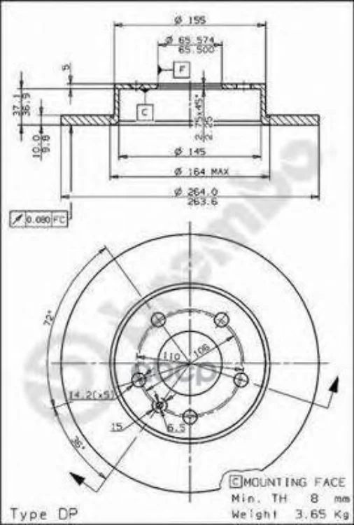 Диск Тормозной Зад Opel Astra G/H 98-/Meriva A/B 03-/Zafira A/B/C 99- Brembo арт. 08.7627.11