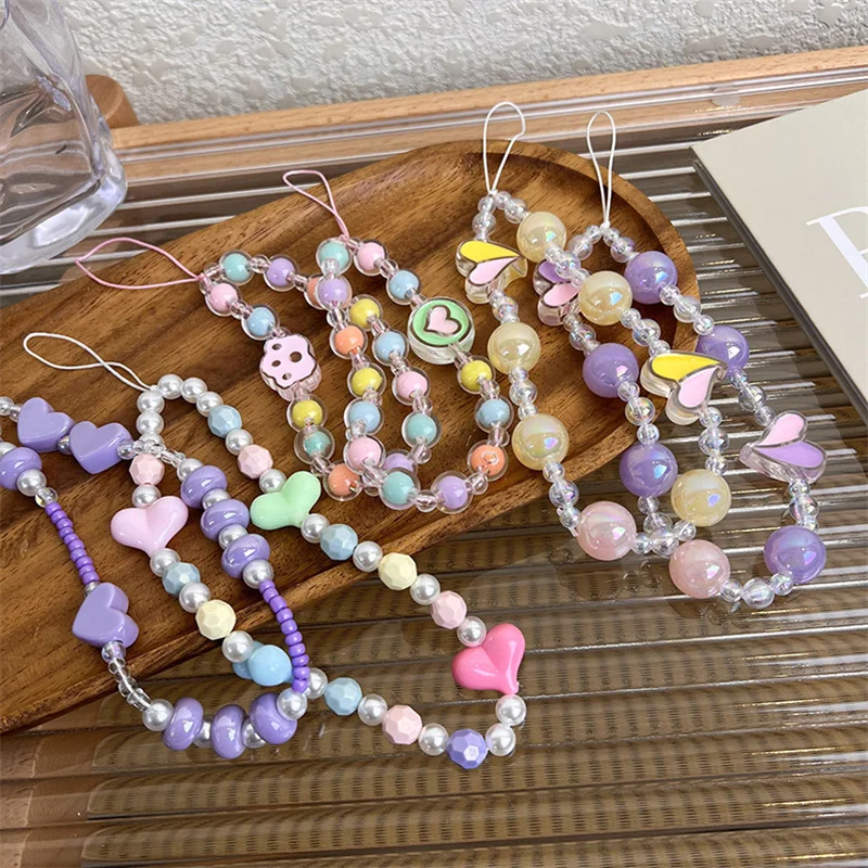 

Colorful Heart Flower New 2023 Creative Acrylic Phone Chain Fashion Beaded Lanyard DIY Phone Charm Strap Jewelry Accessories