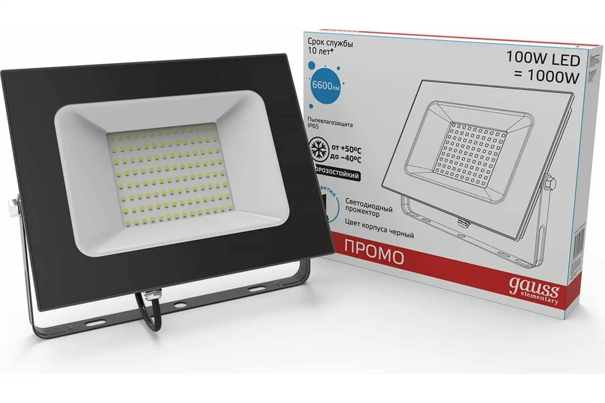 Светодиодный прожектор Gauss Elementary 100W 7200lm IP65 6500К черный ПРОМО 613100100P