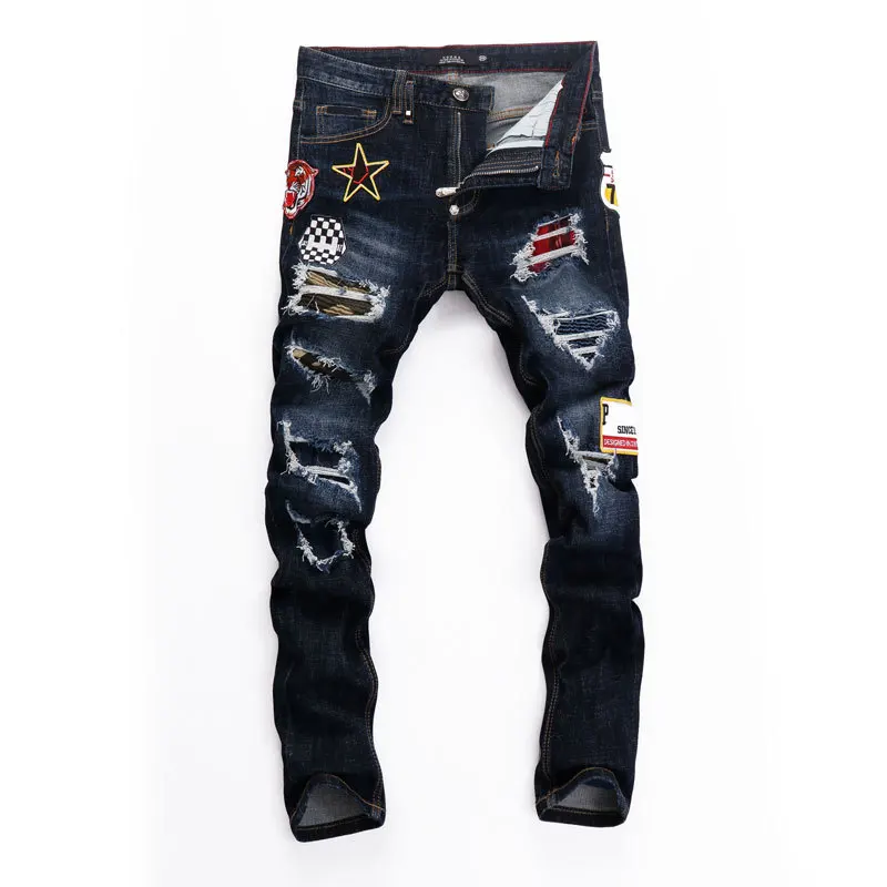 High Street New Trendy Brand Jeans Ripped Patch Straight Print Youth Trousers Fashion Pants Popular Y2K Men'S Pencil Jeans