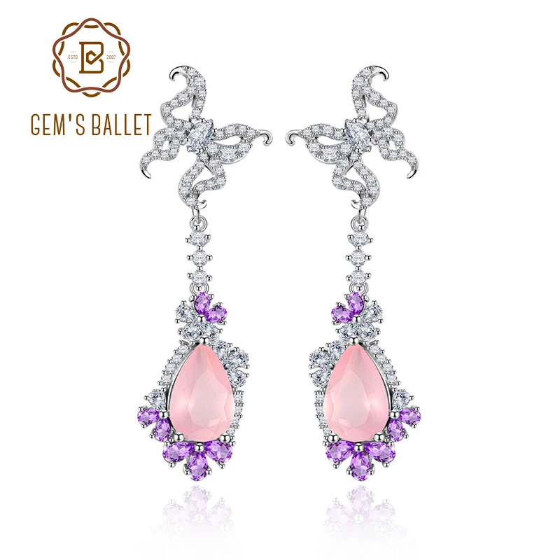 GEM'S BALLET 925 Sterling Silver Wedding Earrings Pear Shape Natural Rose Quartz Bridal Luxury Jewelry Gift for Her