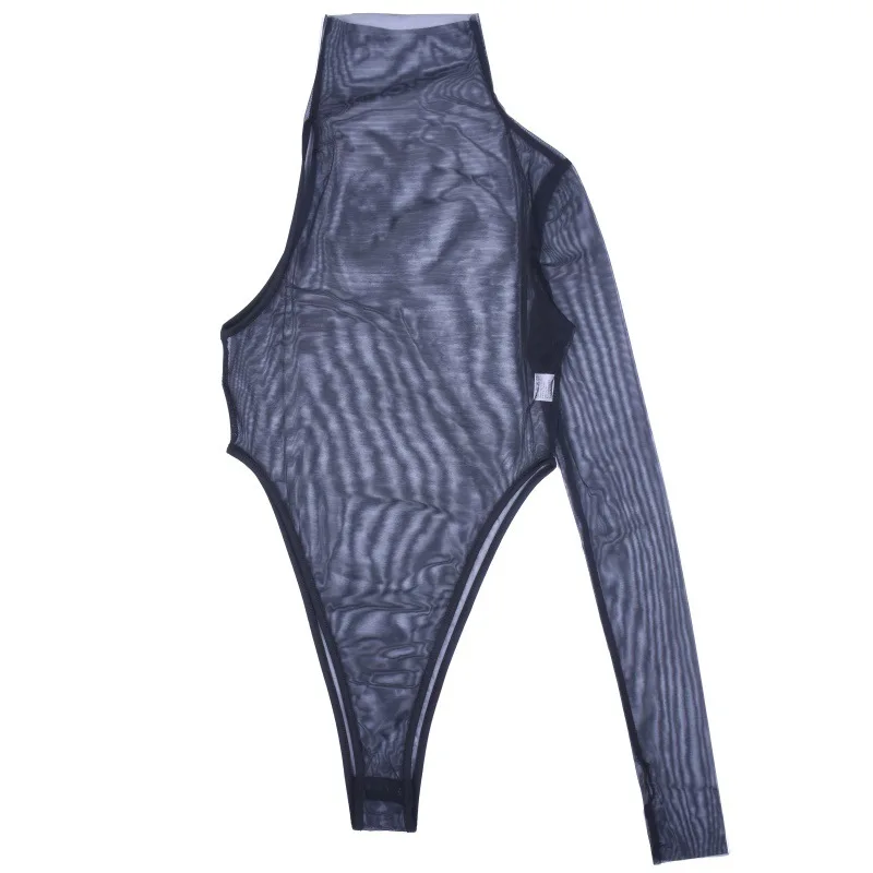 Summer Black Mesh Sheer Sexy Bodysuits Women Romper Long single Sleeve Leotard Tops Skinny Bodycon Jumpsuit Turtleneck Rompers