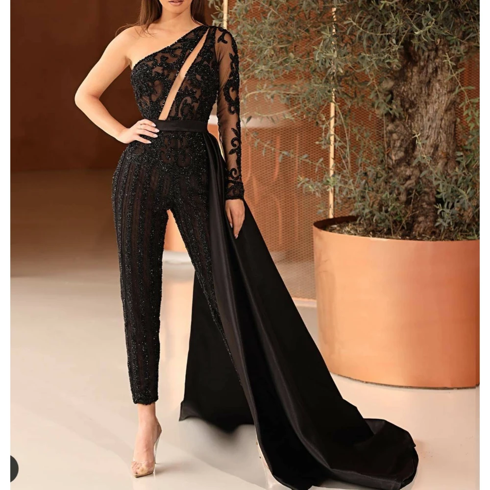 

Sexy One Shoulder Black Prom Jumpsuits Long Sleeve Sequins Evening Wear with Long Train Formal Businsess Party Gowns for Wedding