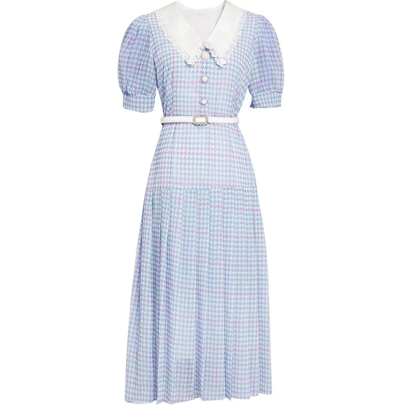 

Vintage Plaid Print Women Dress Peter Pan Collar Puff Sleeve A-Line Dresses F6916