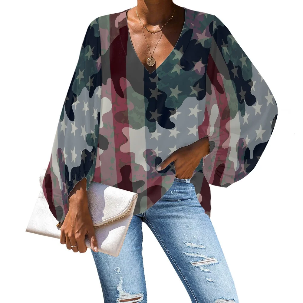 

USA American Flag Camouflage Pattern Women Womens Tops and Blouses Large Size Shirts Female Clothing Blusa Woman Dropshipping