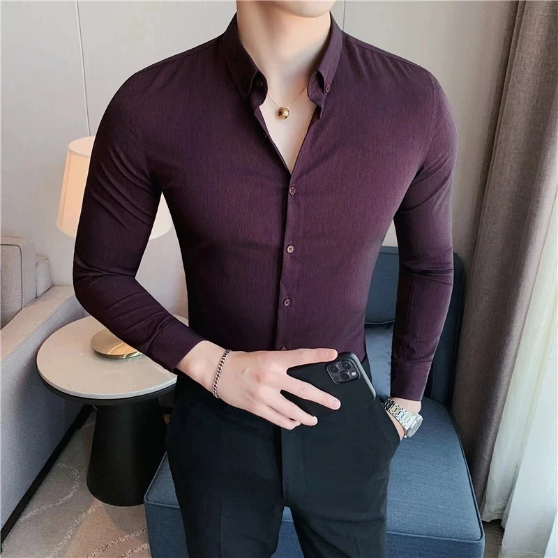 

Camisas ajustadas para hombre, camisas de manga larga simples, informales, para oficina, 2022