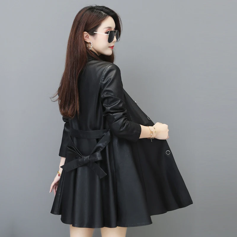 2022 Women Apparels  Fashion Plus Size Biker Long  Faux Leather Jackets Sexy Style Black Wrap Coat Trench Coat with Waistband