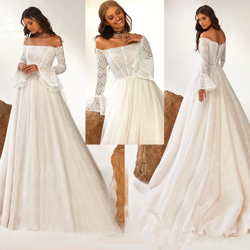 

Roycebridal Boat Neck Wedding Dresses Flare Sleeve Vestidos De Mujer Party Dress Lace Voile Bridal Robe Sweep Train Party Dress