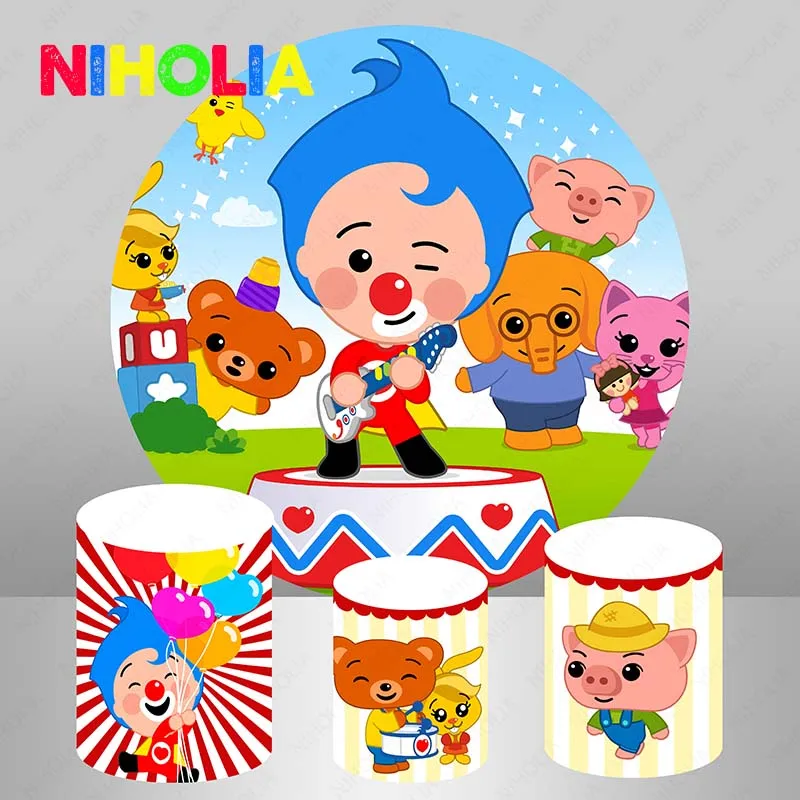 

Niholia Plim Plim Birthday Circle Photography Backdrop Blue Hair Baby Shower Photo Background Pig Bear Round Photo Booth Props
