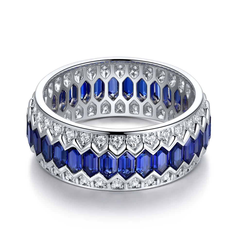 

Sri Lanka Vivid Blue Sapphire Diamond Engagement Eternity Band 100% Sterling Silver Ring Women Wedding Genuine Gemstone