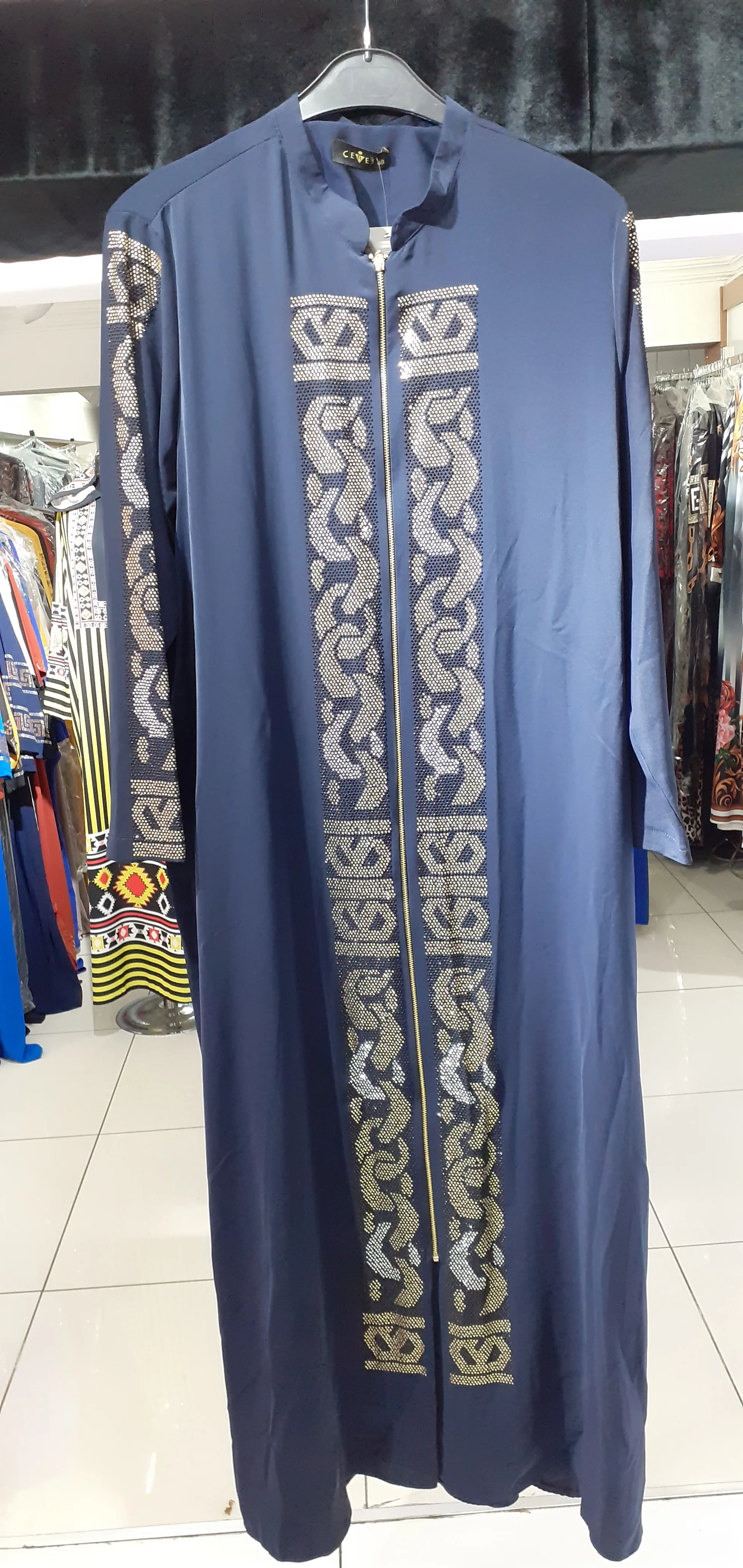 African Women Chain Decoration Navy Blue Fashion Jessica fabric Abaya Muslim Hoodless Iron Zipper Dress Hijab Plain Dress