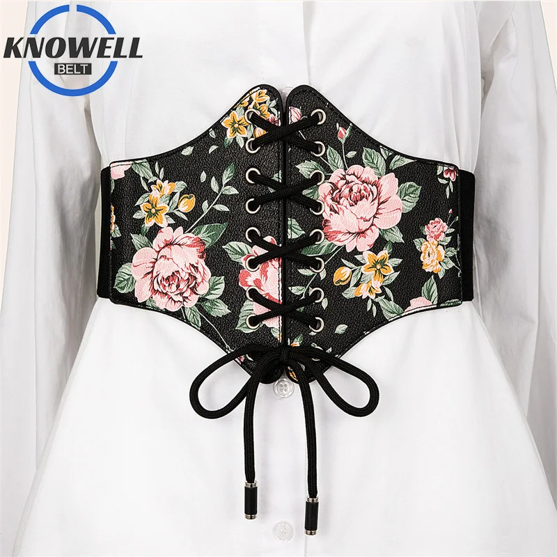 

Floral Print Lace-Up Corsets For Women Black Fashion Decorative Women'S Corset For Clothes Pu Leather Wide Belt Waistband 2022