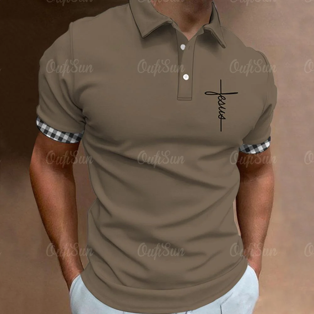 

Men's Polo Shirt Solid Color Shirts Jesus Cross Print Short Sleeved Tops Casual Polo Blouse Simple Oversized Tshirt Men Clothing
