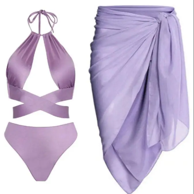 

Purple One-piece Swimsuit Sexy Solid Color Bikini and Cover Up Hollow out Halter Beachwear Lace Up High Waist Swimwear Backless