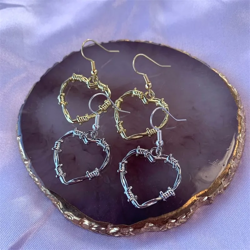 

Cool quirky silver or gold barb wire heart outline shape drop dangle earrings