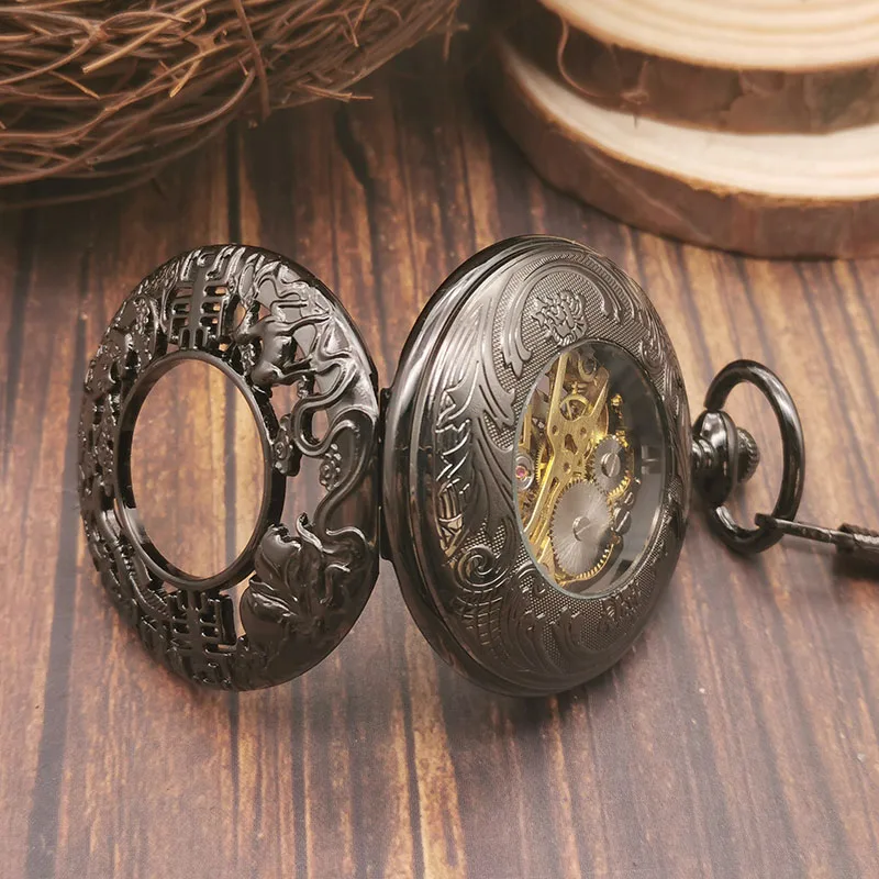 Luxury Black Antique Vintage Pocket Watch Mens Mechanical Manual Winding Steampunk Necklace Pendant Strap Chain Clock Gift