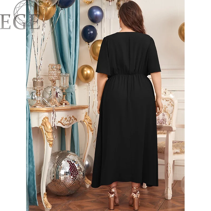 Round Neck Loose Plus Size Elegant Midi Dress Loose Solid Color Chiffon Dress 2020 New Women's Plus Size Summer Clothing