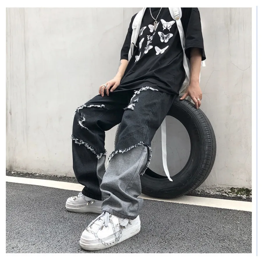 Splicing Men's Jeans Women's Pants Youth Flanging Trendyol 2022 Trends Clothes Casual Printed Man Trousers Streetwear Baggy