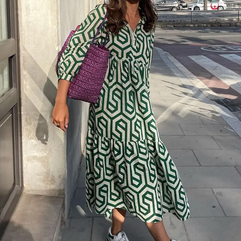 

Women Vintage Print Dress Summer Casual Turn-down Collar Long Sleeve Dresses Female Boho Beach Holiday Vacation Shirt Vestidos