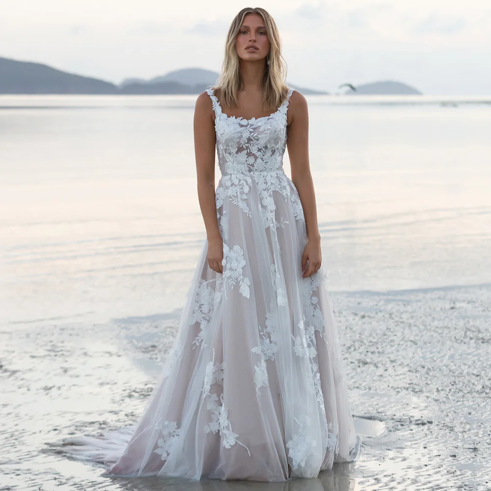 

Luxury Wedding Dress Applique Square Neck A Line Beach Wedding Gown for Bride 2022 Backless Illusion Summer Bridal Dress Custom