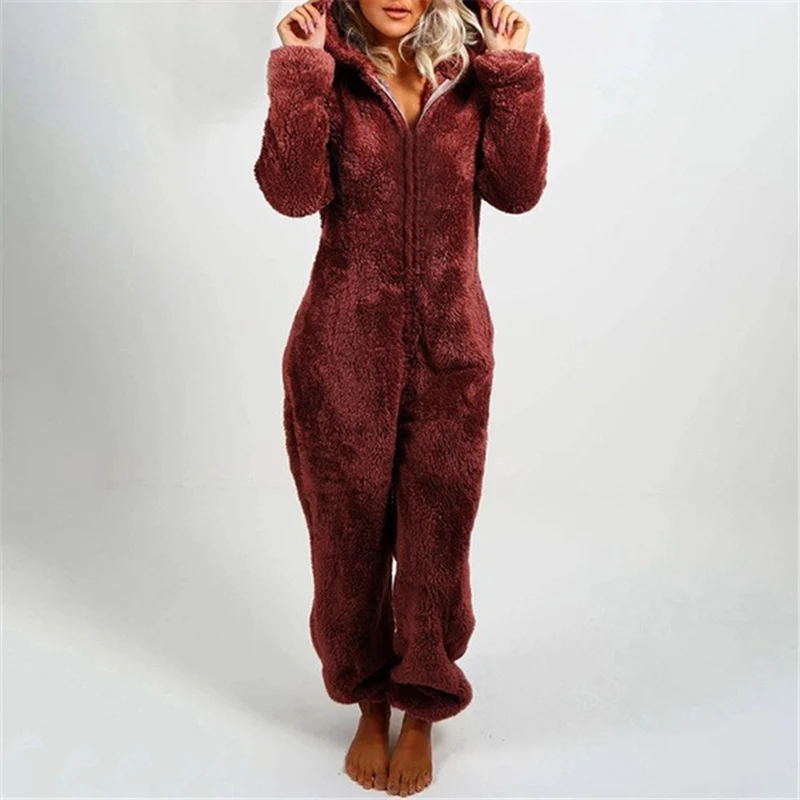 Women Bodysuit Mao Mao Jumpsuit Plus Size Hooded Pajamas Plus Velvet Thickened Solid Color Indoor Leisure Winter Home Clothes