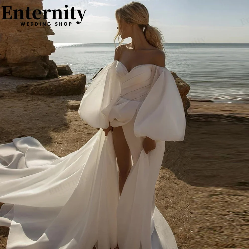 

Beach Off The Shoulder Wedding Dresses 2022 Long Puffy Sleeves Side Slit Robe De Mariée Simple A-Line Boho Mariage Gowns