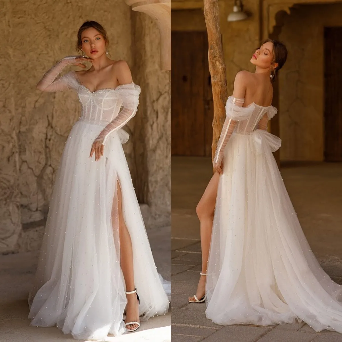

Boho Pearls Split Wedding Dresses 2022 Bohemian A Line Tulle Wedding Gowns Off The Shoulder Beach Bridal Photoshoot Dress