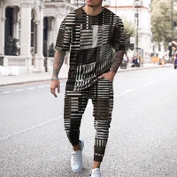 mens 3d stripe splicing printing casual 3d digital printing sports style loose large size short sleeve t shirt trousers set