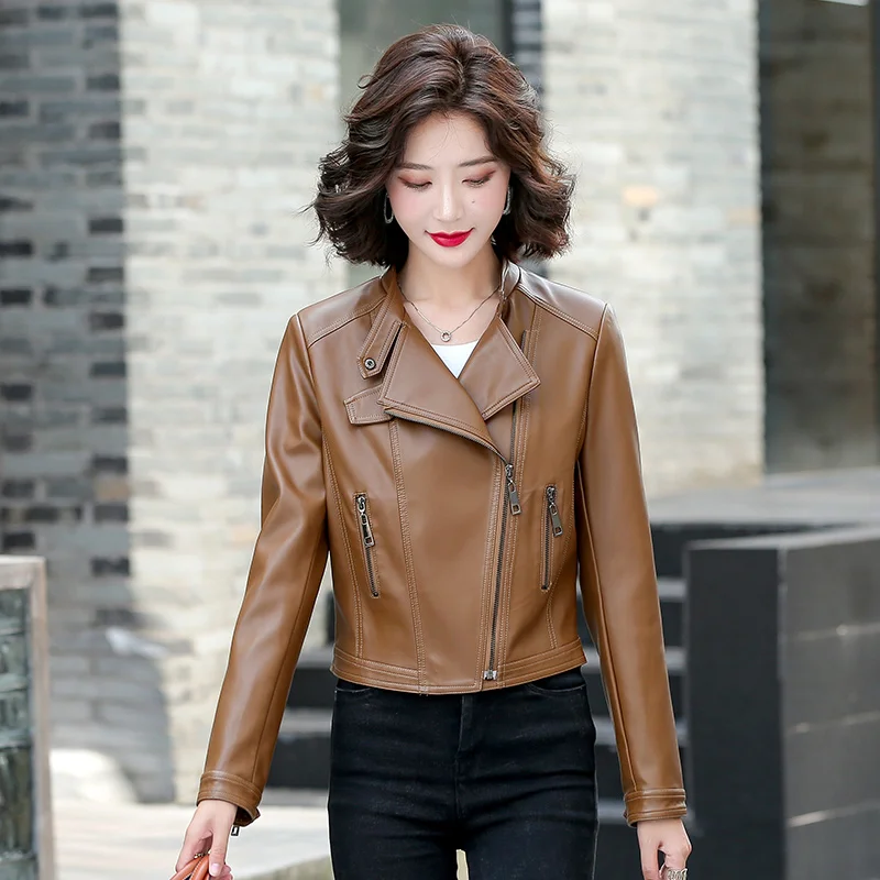 2022 Women Autumn Black Faux Leather Jackets Zipper Basic Coat Turn-down Collar Rivet Motorcycle Biker Jacket