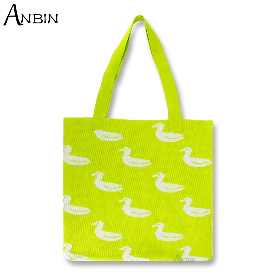 

Women's Shoulder Handbag Cute Duck Pattern Knitted Jacquard Fabric Top-handle Tote Female Fashion Woven Casual Wrist Shoppingbag