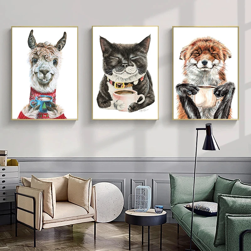 

Modern Coffee Animals Beverage Pop Posters Cats Tigers Bears Print Wall Art Canvas Paintings For Shop Restaurant Decor Frameless