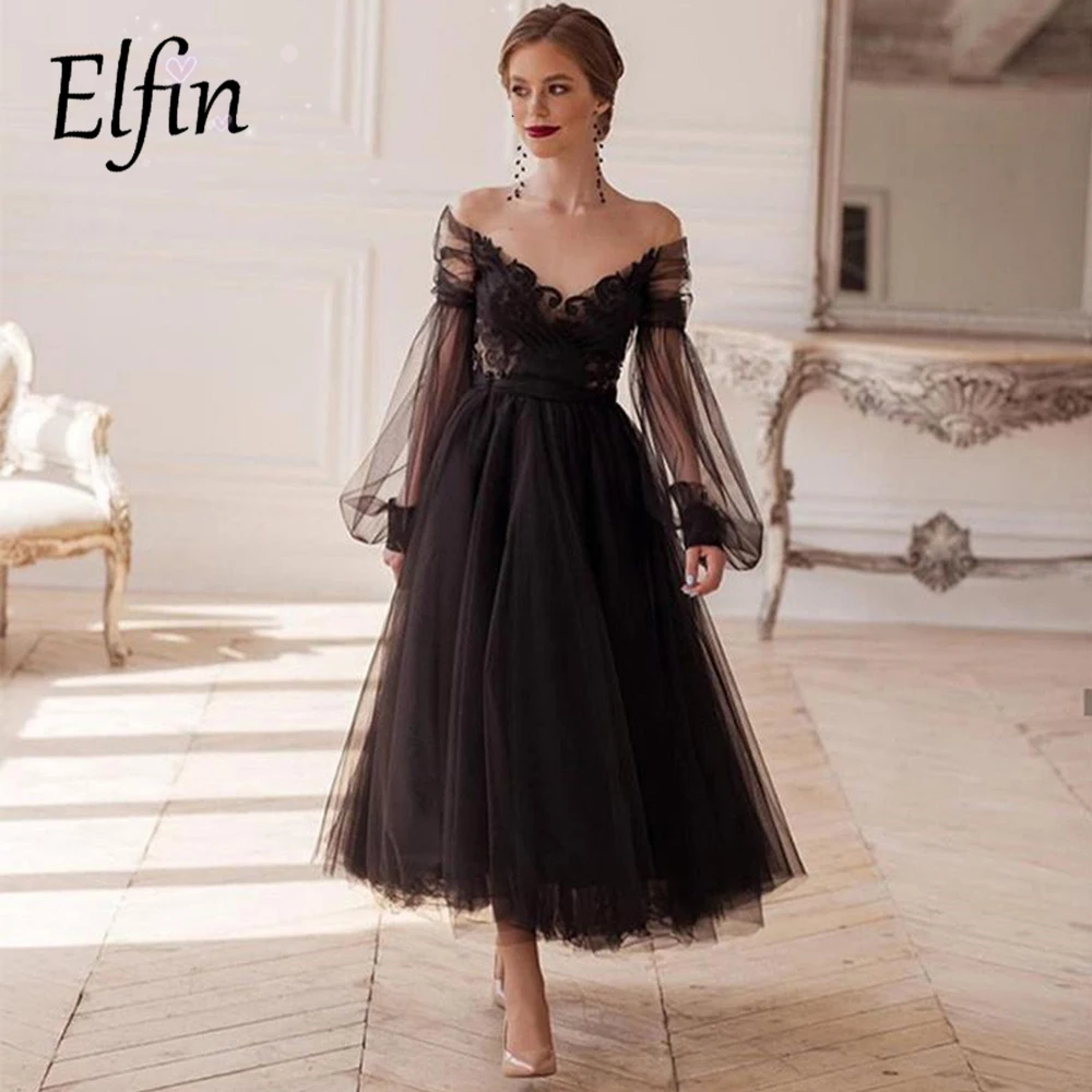

Черные Выпускные платья Elfin с длинными рукавами-фонариками иллюзионные кружевные платья для встречи выпускников с круглым вырезом Тюлевое ...