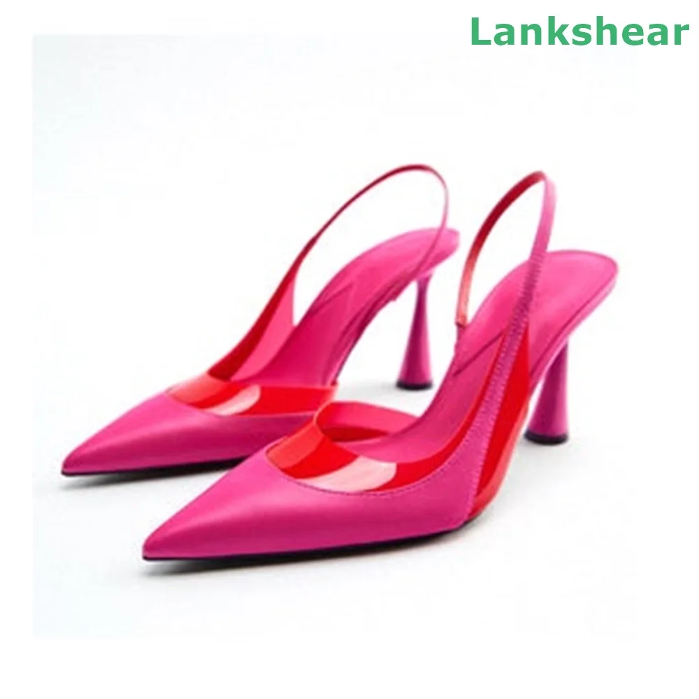 

Pink PVC Patchwork Sandals Pointed Toe Slip On Strange Style High Heels Summer Fashion Comfortable Women Sandals Elegant Shoes