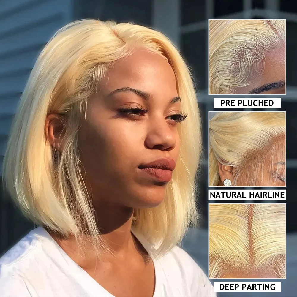 613 Honey Blonde Color Straight 13x4 Transparent Lace Frontal Human Hair Wig Brazilian Remy Short Bob Lace Front Wigs For Women