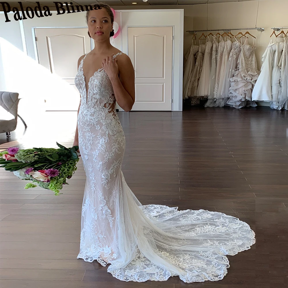

Paloda Exquisite Mermaid Appliques Wedding Gown For Bride Lace Backless Tank Button Sleeveless V-Neck Court Train Tulle Pleat