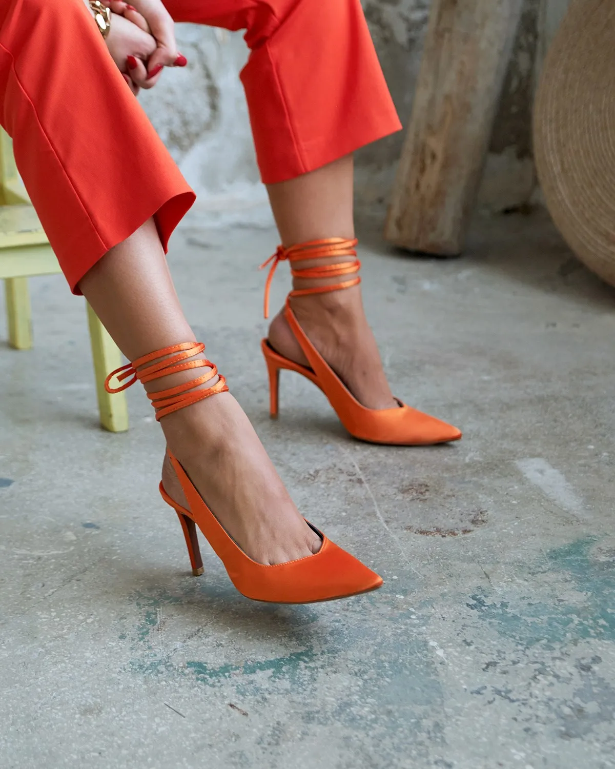 

Women's Sax Blue Orange Stiletto Satin Open Back Ladies Shoes Spring Summer Webbing Ankle Lace-up Heeled Shoes