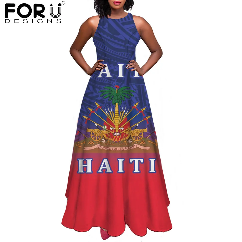 

FORUDESIGNS Dress for Women Haiti Flag Brand Design Spring Maxi Dress Ladies Sexy Sundress Casual Sleeveless Long Dresses Mujer