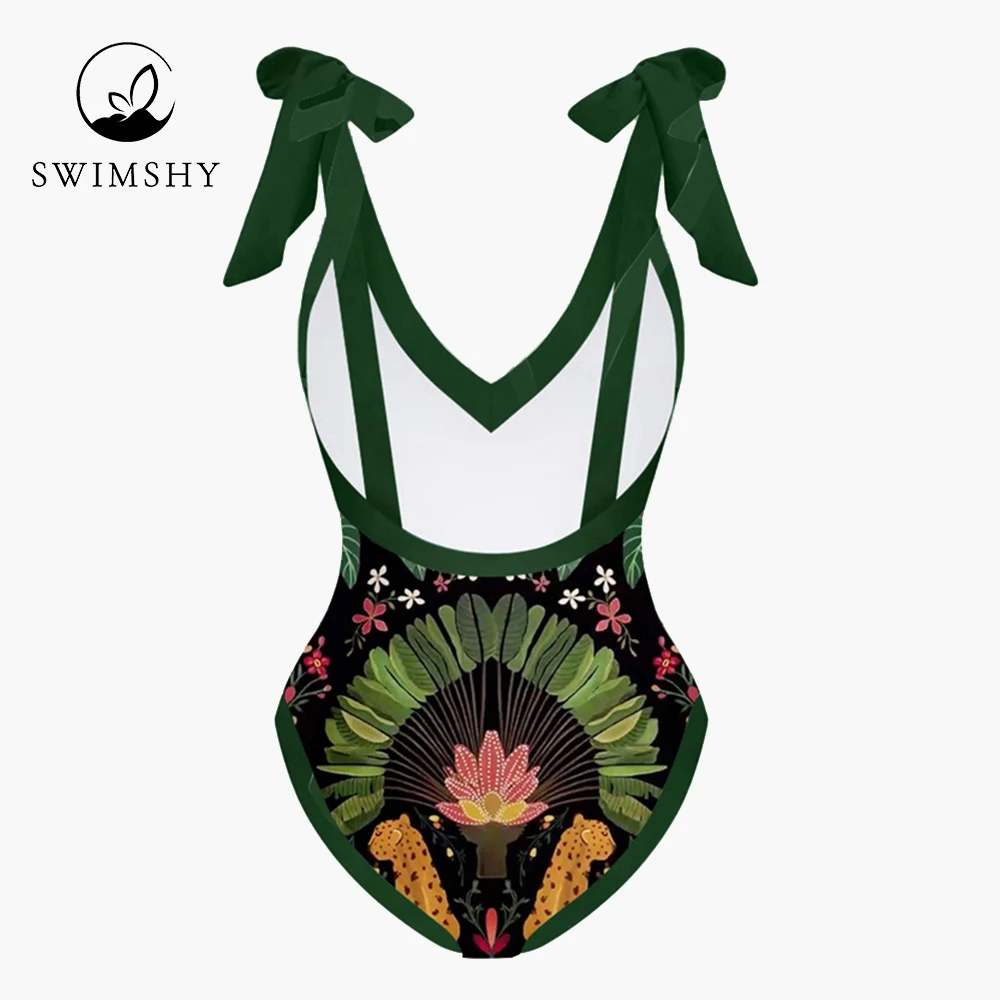 Vintage Print Deep V Swimwear Fashion Chic One Piece Swimsuits Summer Beach Wear Women's Bathing Suit Slim Backless 2022 Bikinis