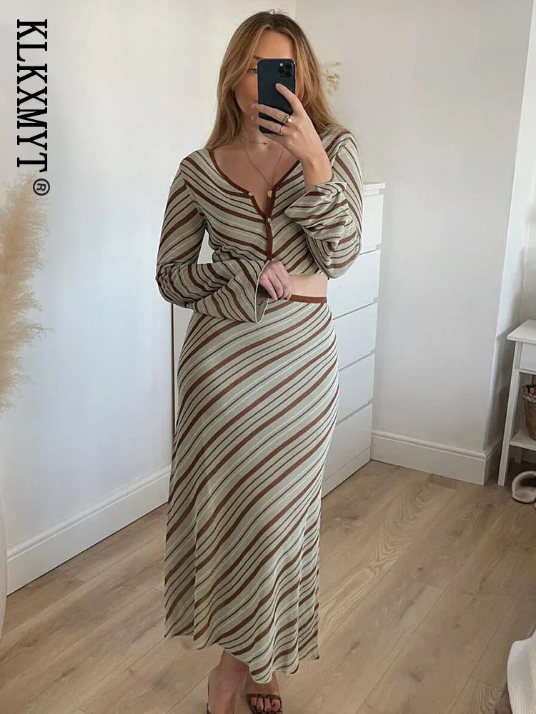 

KLKXMYT ZBZA 2 Pieces Woman Pullover Tops + Midi Skirts Sets 2022 Spring Autumn Fashion Stripe Knitted Coat Skirts Women Suit