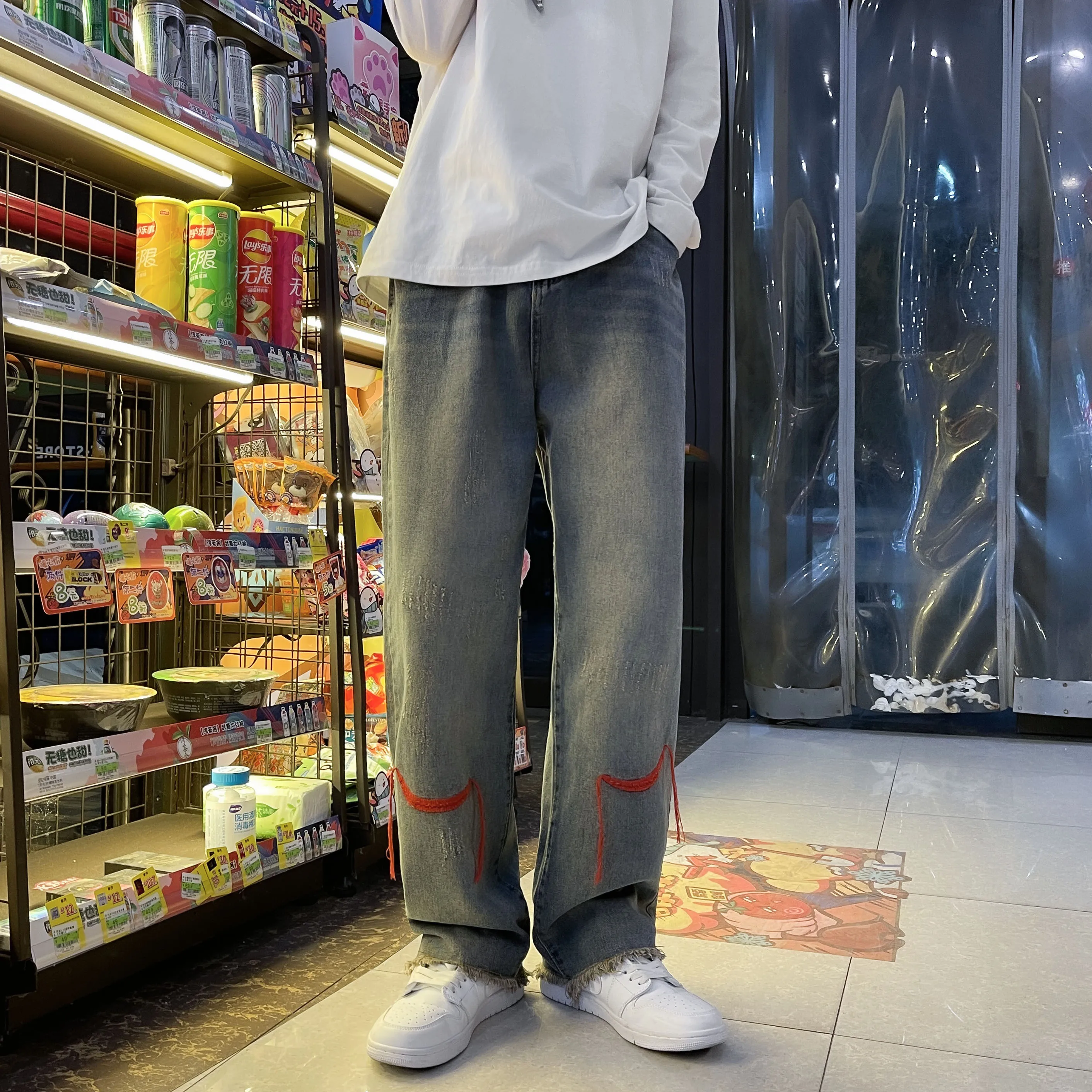 Four Seasons Y2K Men Fashion Grey Street Embroidery Loose Jeans Straight Hip Hop Pants Male Clothes