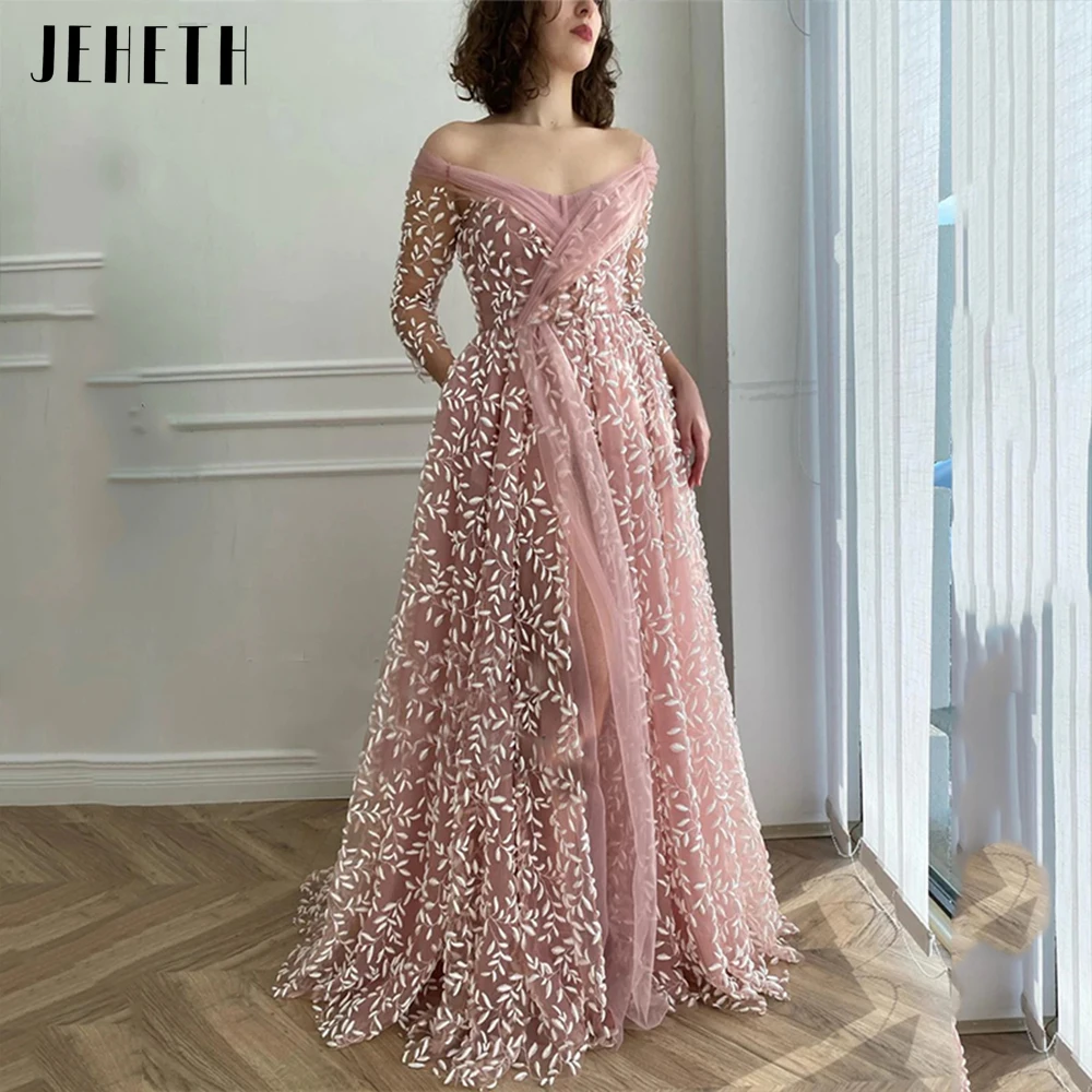 

JEHETH Pink Off Shoulder Long Sleeves Tulle Prom Dress Pastoral Leafy Flower Formal Evening Gown with Pockets Robes De Soirée