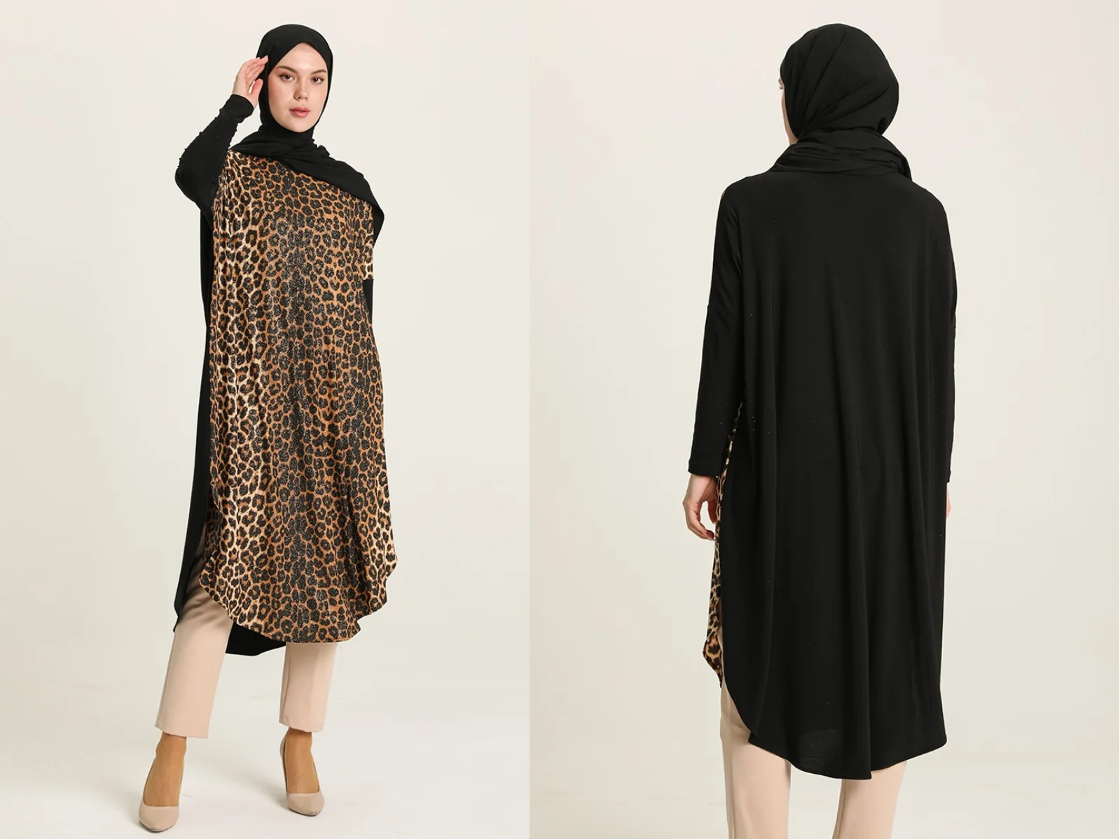 

New Season 4 seasons Muslim Women 'S leopard pattern silvery long sleeve O-neck unlined stylish tunic fashion Islamic kerchief scarf bone wrap